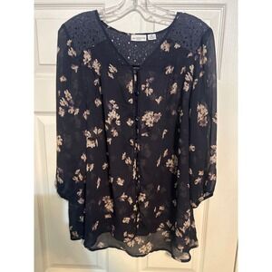 Liz Claiborne Navy Floral Sheer Button Front Blouse